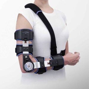 Телескопичен брейс за лакът Prim с регулируем ъгъл на флексия и екстензия, подходящ за следоперативна стабилизация и рехабилитация.